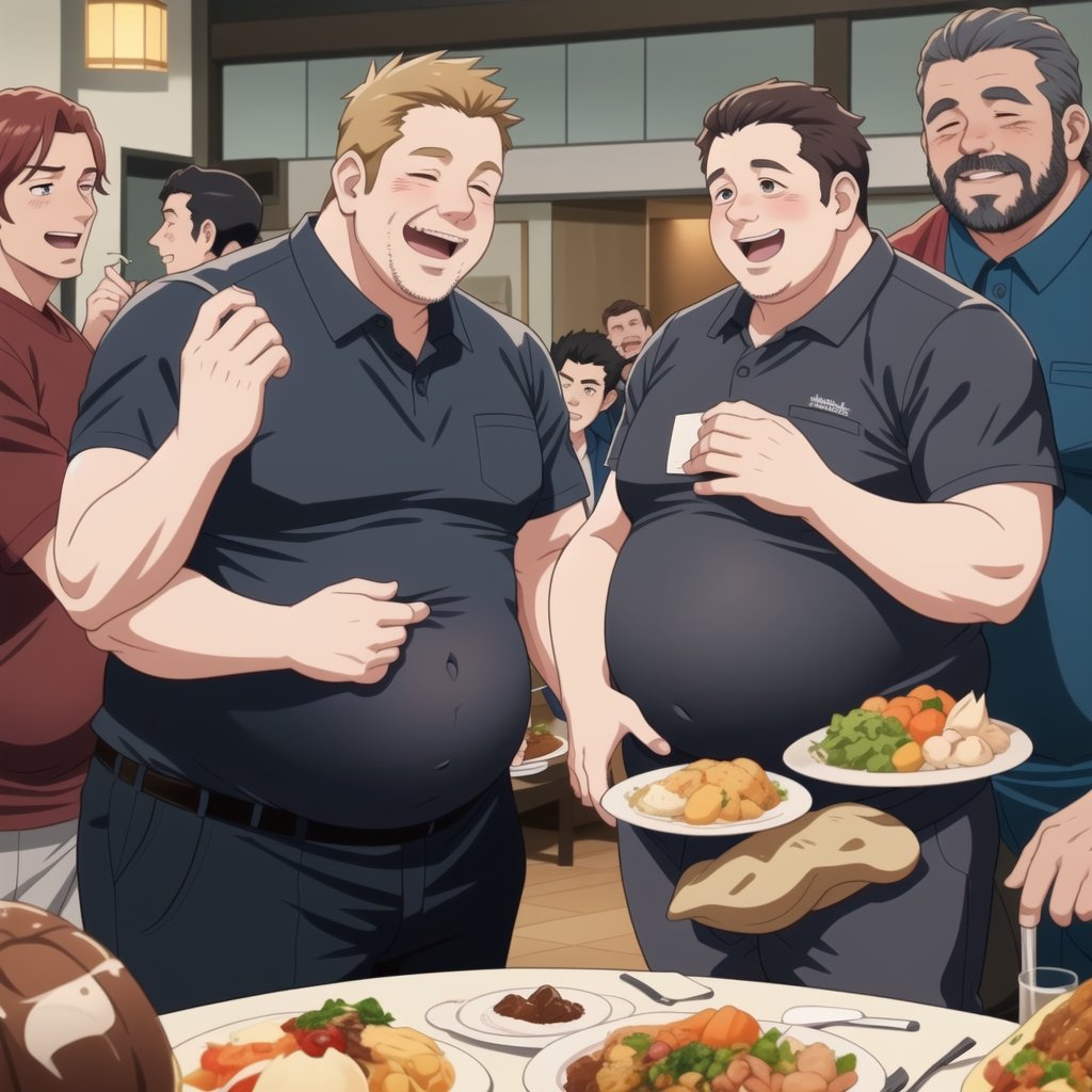 A group of potbellied middle aged men enjoying dinner together weather tight business suits and rubbing their big round bellies, anime_screencap, big_bellies, bloated_belly, large_stomach, tight_clothing, dinning_room, feast, laughter, male_weight_gain, 3_men