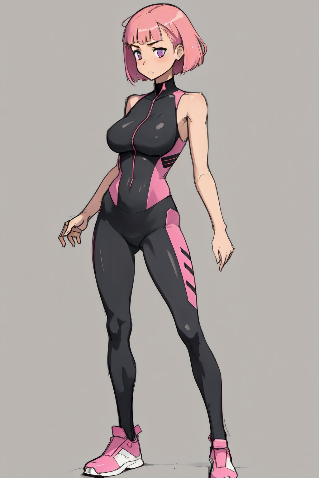 1 girl (best quality), full body, pink hair, short bob hair, astro costume, purple eyes, tight bodysuit, transparent bodysuit, leotard, pose character characteristics, standing pose relaxed arms, neutral standing pose, character characteristics character, full character, futuristic footwear, cyberpunk style, masamune shirow style, neco style, No background, light background, white background, plain white background, no background, clean background, jumpsuit,th1nsh1rtng,leggings,SAM YANG