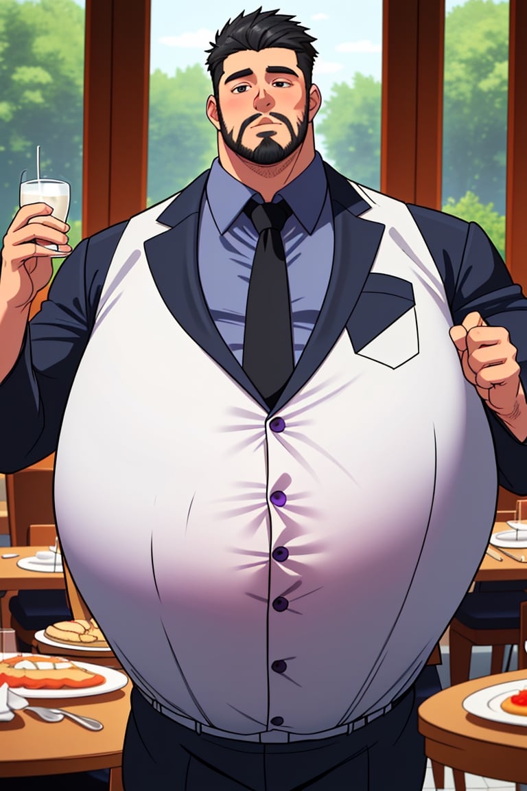 big_fat_belly, fancy_suit, fat, suit, hyper_fat, big_belly, tree_piece_suit, round_belly, gigantic_belly, white_jacket, purple_neck_tie, white_shirt, blue_vest, black_Pants, pregnant_ male, massive_belly, big_belly_padding, royalty, big_bloated_belly, larger_belly, long beard, black hair, big_boss, big_belly, big_bloated_stomach, big_stuffed_belly, handsome ,Germany Male, dinning room,