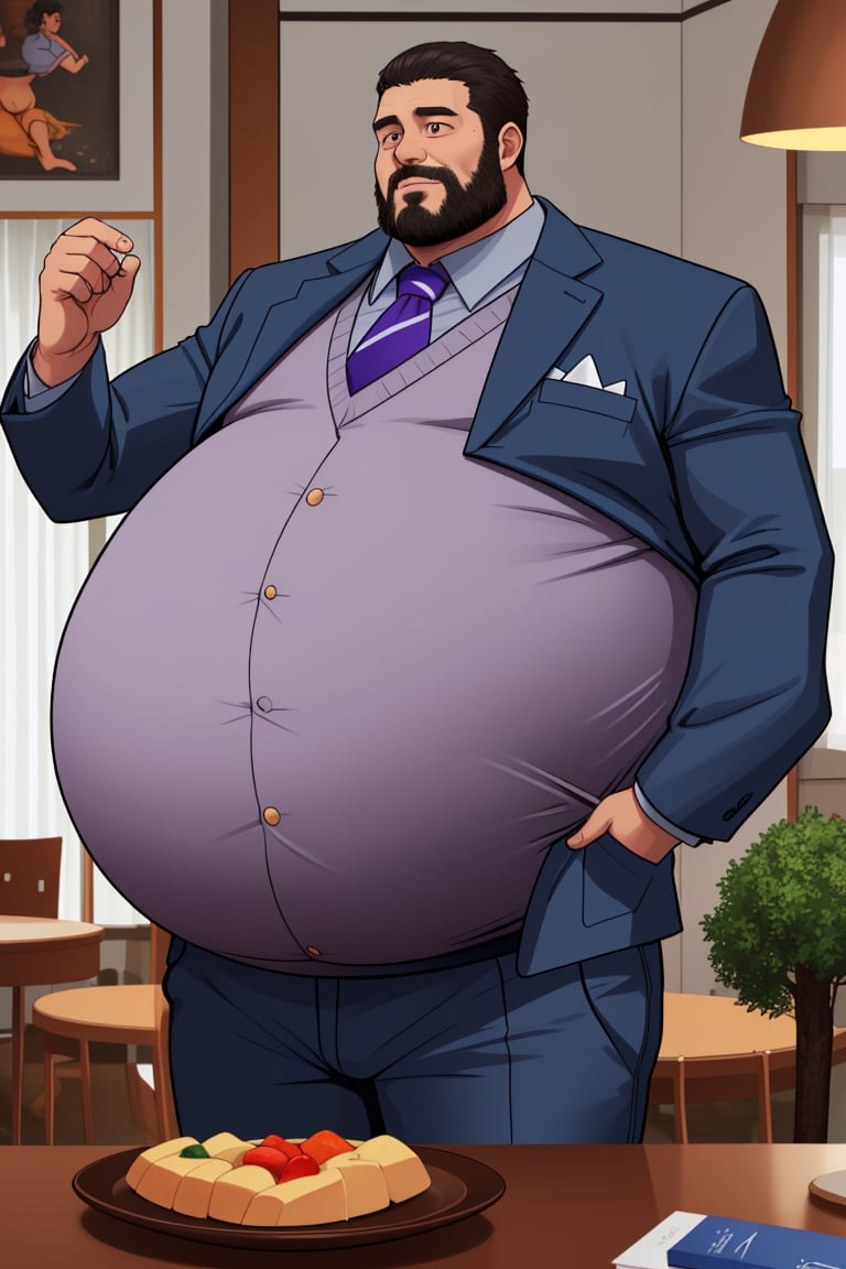 big_fat_belly, fancy_suit, stuffed belly, hyper_fat, big_belly, full belly, oversized belly, overstuffed belly, big_belly_padding, royalty, pregnant_belly, big_bloated_belly, large belly, long beard, black-hair, long beard, big belly, king size belly, tiny head, big body, small hand's, small leg's, small arm's, dinning room, royalty, provided, tree piece suit, massive_belly, gigantic belly, purple tie, light blue suit, grey_shirt, blue sweater vest, grey Pants, professor, debonair, Germany male