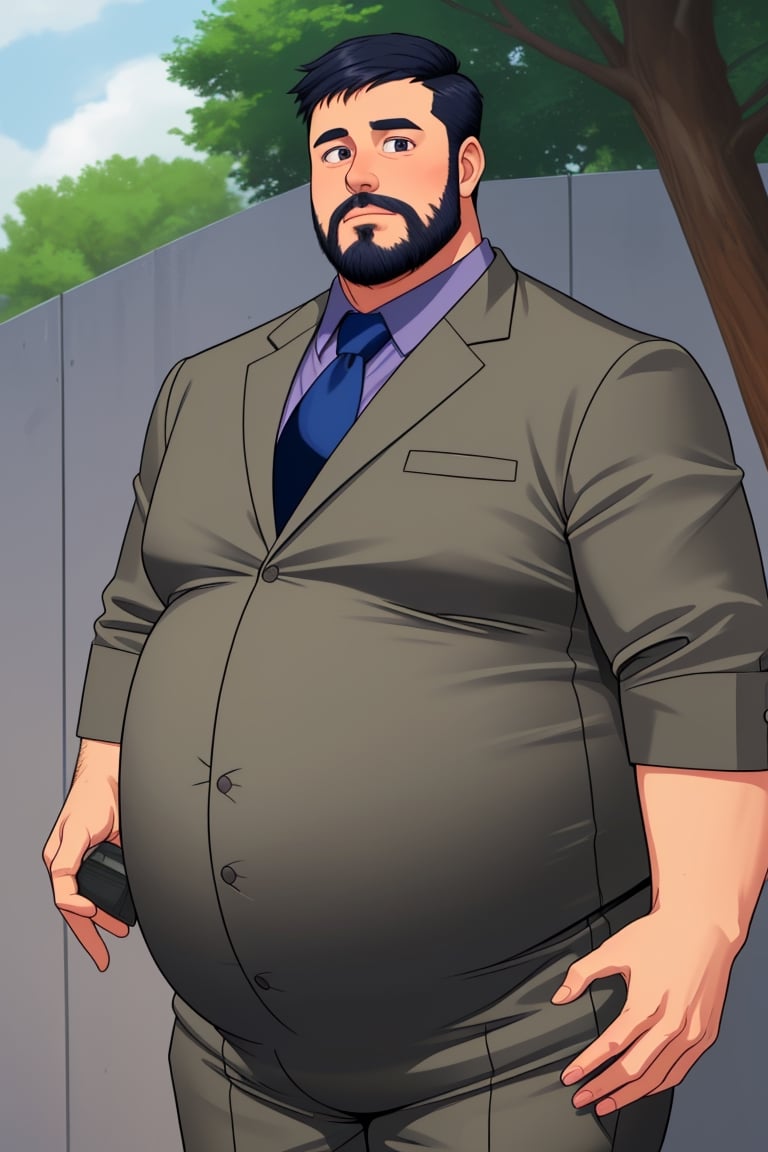 big_fat_belly, fancy_suit, suit, hyper_fat, big_belly, tree_piece_suit, debonair, massive_belly, gigantic _belly, khaki_jacket, purple_neck_tie, navy_blue_shirt, white_vest, black_hair, beard, big_belly_padding, royal, pregnant_belly, big_bloated_belly, king size belly, Italian male