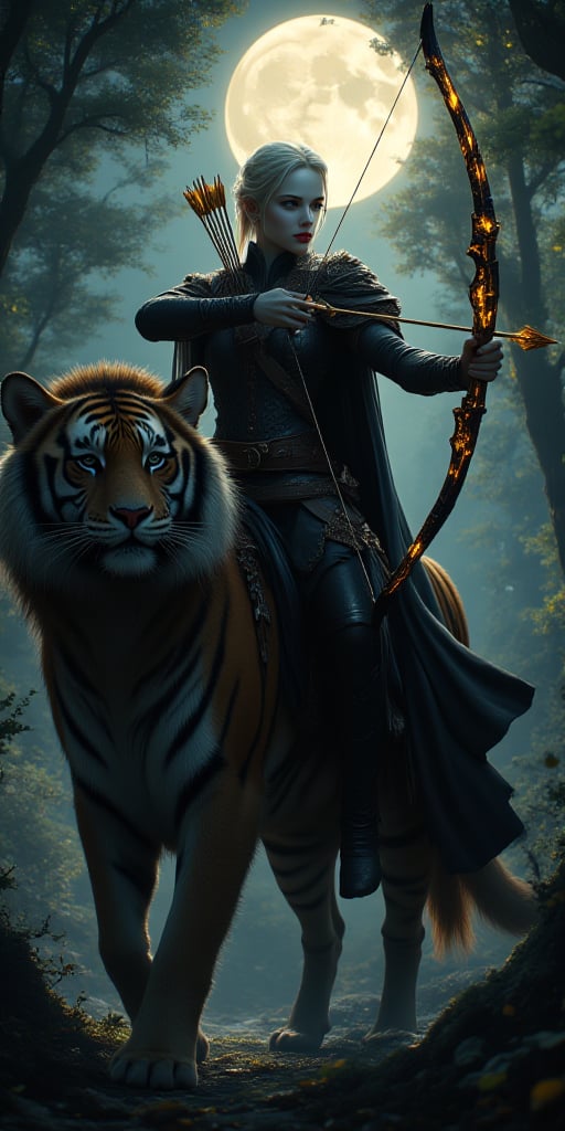 High quality, realistic pictures, 4k, masterpiece, realistic skin, Cloven forest twilight, Cylene Blackarrow, an elite elven ranger, commando, and ninja,You hold a bow and a golden ablaze arrow that aims the arrow towards the trees,Red lips , pale white skin,rides her tiger mount, as the moon casts an eerie glow on the foliage. Her black  steel-hy clothes blend with the shadows, while her fur cape flows like a dark river behind her. Multiple belts adorn her physique, each holding a deadly weapon or tool of her primal huntress trade. The phanter's ferocious , ready to pounce at a moment's notice.,aidmaMJ6.1