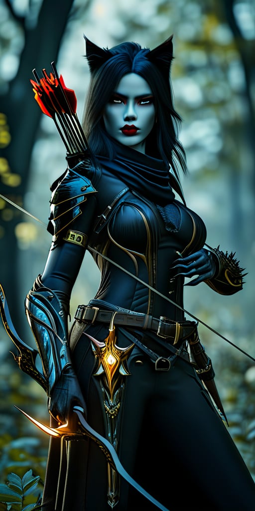 High quality, realistic pictures, 4k, masterpiece, realistic skin, Cloven forest twilight, Cylene Blackarrow, an elite elven ranger, commando, and ninja,You hold a bow and a golden ablaze arrow that aims the arrow towards the trees,Red lips , pale white skin,rides her tiger mount, as the moon casts an eerie glow on the foliage. Her black  steel-hy clothes blend with the shadows, while her fur cape flows like a dark river behind her. Multiple belts adorn her physique, each holding a deadly weapon or tool of her primal huntress trade. The phanter's ferocious , ready to pounce at a moment's notice.