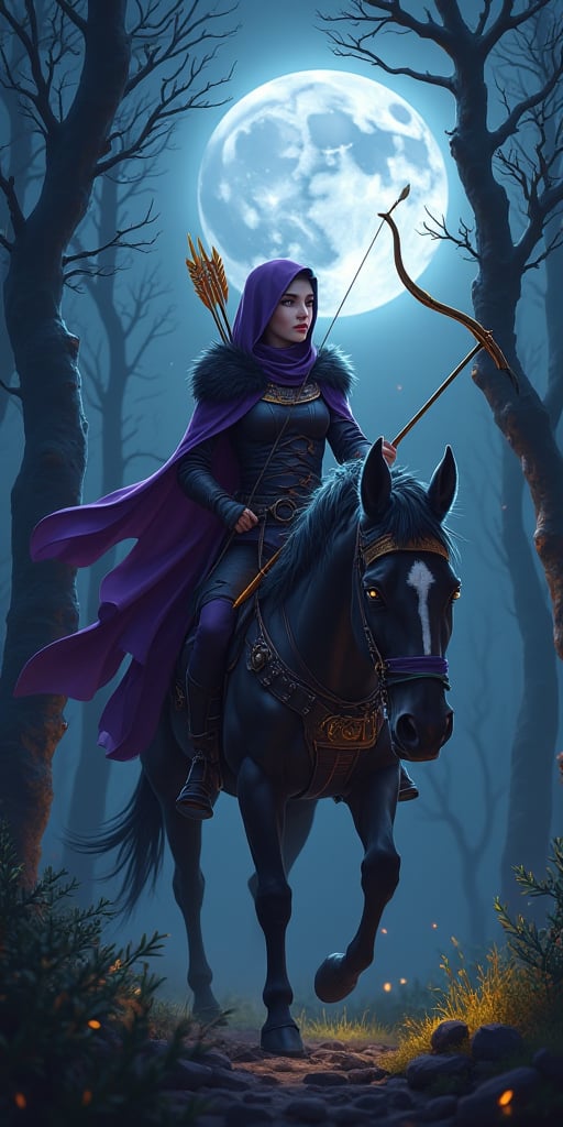 Cloven forest twilight, Cylene Blackarrow, an elite elven ranger, commando, and ninja,You hold a bow and a golden ablaze arrow that aims the arrow towards the trees,Red lips , pale white skin,rides her horse mount, as the moon casts an eerie glow on the foliage. Her purple  steel-hy clothes blend with the shadows, while her fur cape flows like a dark river behind her. Multiple belts adorn her physique, each holding a deadly weapon or tool of her primal huntress trade. The phanter's ferocious glowing eyes pierce through the darkness as it surveys its surroundings, ready to pounce at a moment's notice.