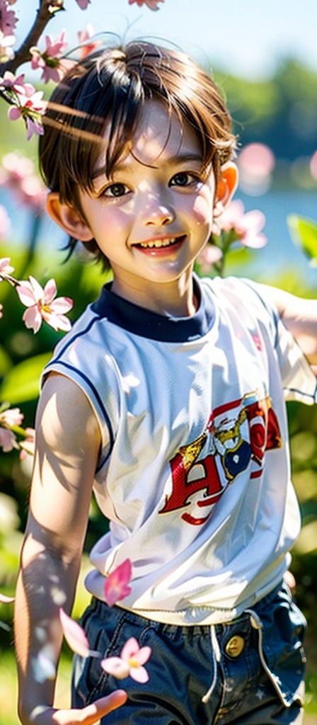 Captivating photograph of a cherubic little boy with striking facial features, his bright blue eyes shining like sapphires amidst long eyelashes and windswept brown hair. He's in full sprint, face aglow with joy, as fluttering swallowtail butterflies, mischievous elves, and birds dance around him amidst a whirlwind of cherry blossoms. The background is a stunning clear blue sky, with the air thick with speed and magic. Depth of field expertly captures every detail, from the boy's joyful smile to the delicate petals swirling around him.