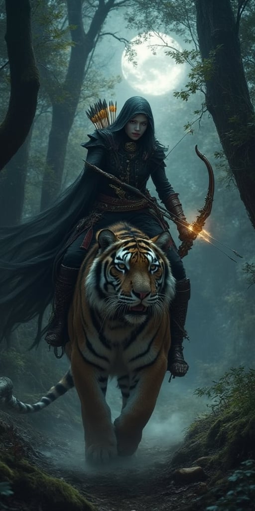 Cloven forest twilight, Cylene Blackarrow, an elite elven ranger, commando, and ninja,You hold a bow and a golden ablaze arrow that aims the arrow towards the trees,Red lips , pale white skin,rides her tiger mount, as the moon casts an eerie glow on the foliage. Her black  steel-hy clothes blend with the shadows, while her fur cape flows like a dark river behind her. Multiple belts adorn her physique, each holding a deadly weapon or tool of her primal huntress trade. The phanter's ferocious , ready to pounce at a moment's notice.