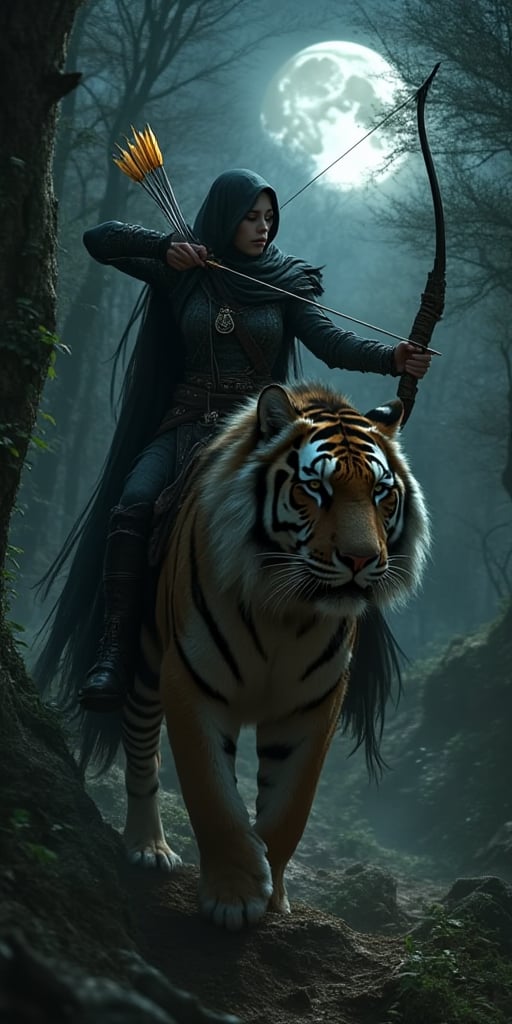 High quality, realistic pictures, 4k, masterpiece, realistic skin, Cloven forest twilight, Cylene Blackarrow, an elite elven ranger, commando, and ninja,You hold a bow and a golden ablaze arrow that aims the arrow towards the trees,Red lips , pale white skin,rides her tiger mount, as the moon casts an eerie glow on the foliage. Her black  steel-hy clothes blend with the shadows, while her fur cape flows like a dark river behind her. Multiple belts adorn her physique, each holding a deadly weapon or tool of her primal huntress trade. The phanter's ferocious , ready to pounce at a moment's notice.