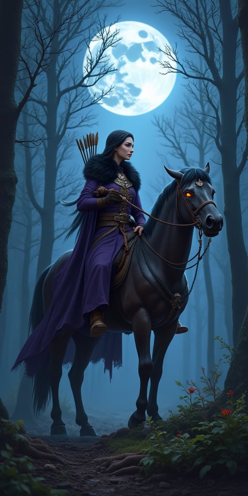 Cloven forest twilight, Cylene Blackarrow, an elite elven ranger, commando, and ninja,You hold a bow and a golden ablaze arrow that aims the arrow towards the trees,Red lips , pale white skin,rides her horse mount, as the moon casts an eerie glow on the foliage. Her purple  steel-hy clothes blend with the shadows, while her fur cape flows like a dark river behind her. Multiple belts adorn her physique, each holding a deadly weapon or tool of her primal huntress trade. The phanter's ferocious glowing eyes pierce through the darkness as it surveys its surroundings, ready to pounce at a moment's notice.