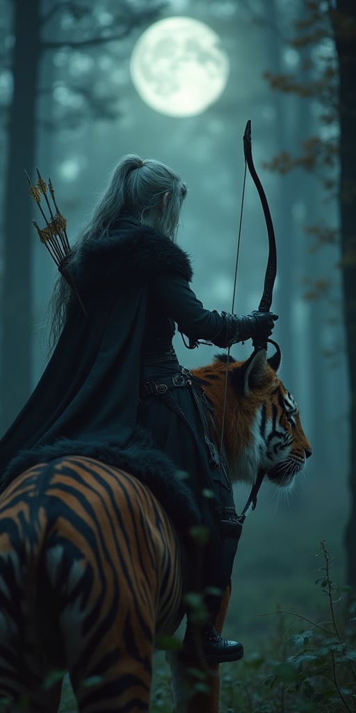 High quality, realistic pictures, 4k, masterpiece, realistic skin, Cloven forest twilight, Cylene Blackarrow, an elite elven ranger, commando, and ninja,You hold a bow and a golden ablaze arrow that aims the arrow towards the trees,Red lips , pale white skin,rides her tiger mount, as the moon casts an eerie glow on the foliage. Her black  steel-hy clothes blend with the shadows, while her fur cape flows like a dark river behind her. Multiple belts adorn her physique, each holding a deadly weapon or tool of her primal huntress trade. The phanter's ferocious , ready to pounce at a moment's notice.