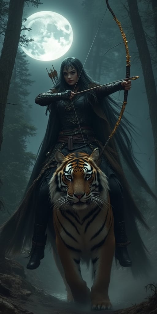 High quality, realistic pictures, 4k, masterpiece, realistic skin, Cloven forest twilight, Cylene Blackarrow, an elite elven ranger, commando, and ninja,You hold a bow and a golden ablaze arrow that aims the arrow towards the trees,Red lips , pale white skin,rides her tiger mount, as the moon casts an eerie glow on the foliage. Her black  steel-hy clothes blend with the shadows, while her fur cape flows like a dark river behind her. Multiple belts adorn her physique, each holding a deadly weapon or tool of her primal huntress trade. The phanter's ferocious , ready to pounce at a moment's notice.