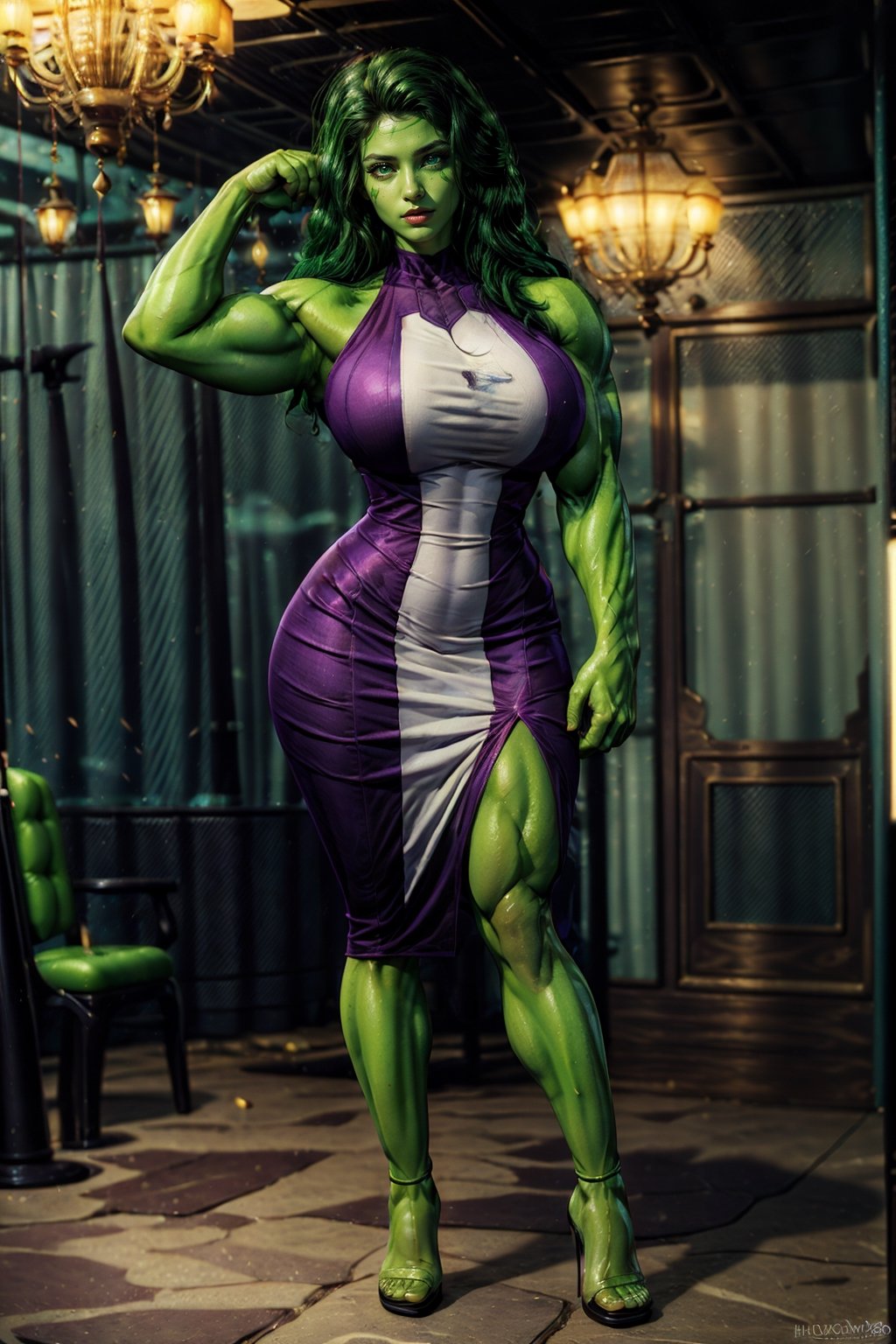 Detailedeyes,  Detailedface,  More Detail,  Realism,  Photorealism, 

1girl,  (solo:1.2),  woman,  30yo,  ((shehulk, she hulk(marvel))), milf,  beauty, (dark green skin), 

{((purple and white bodycon dress)), ((bare_shoulders, sleeveless)), (purple stilleto heels)},

{(hourglass_figure,  huge_breasts:1.4, voluptuous,  curvy_figure,  curvaceous),  (athletic,  abs, muscular:1.1,  muscular_female, muscular arms:1.1,  muscular legs:1.1)},
{(green eyes,  bright_pupils),  makeup,  (smile)}, 
 
{(green_hair, long_hair, side_part, shiny_hair)}, 

{(background, overlooking lake, dusk, blurry)},  (beautiful_face:1.5),  (full_body:1.6),  (masterpiece,  best quality:1.4)