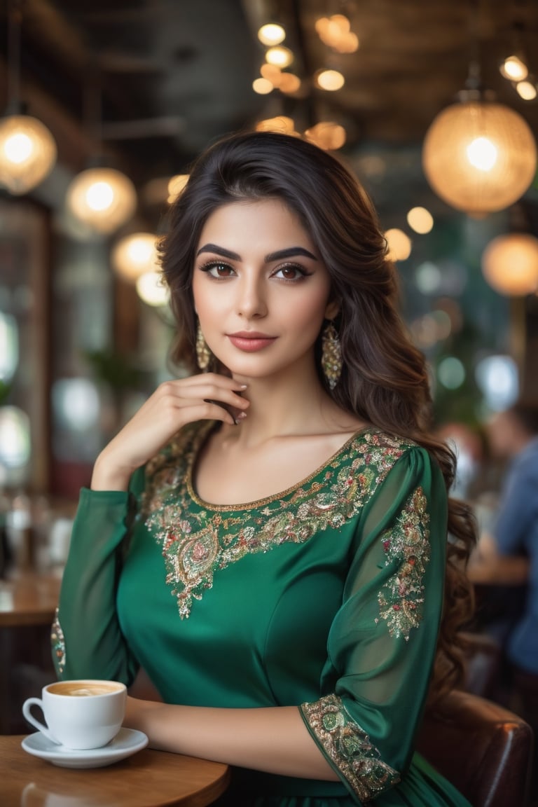 A Beautiful Persian woman drinking in a coffee shop wearing a Green Persian dress, portrait, digital photography, professional photographer, masterpiece, bokeh, hair light, photorealistic,