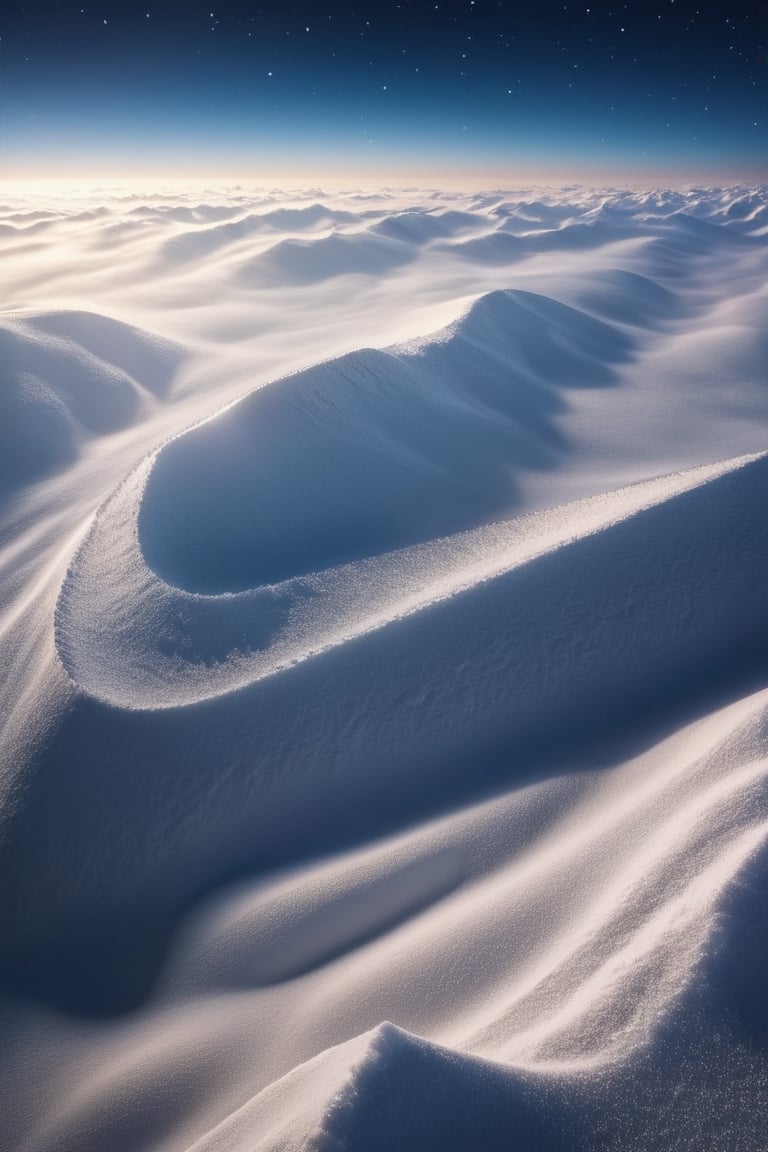 Top-down view of a vast snow-covered mountain range under a starlit sky, masterpiece, good lighting, 8k, ((winter)), photoreal, moonlight reflecting off the pristine snow, wide lens, bokeh.