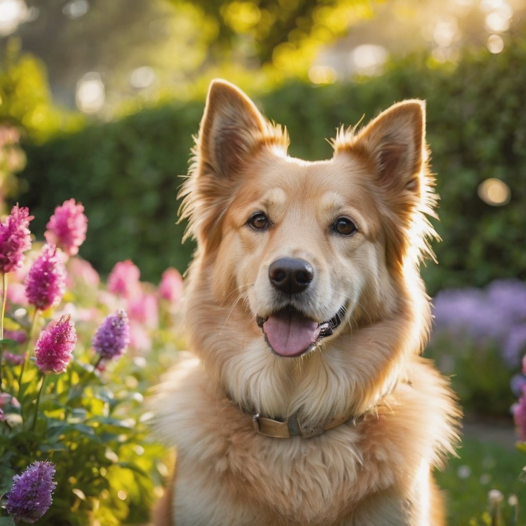 dog, digital photography, masterpiece, bokeh, portrait, in a garden, good lighting, flowers, 8k