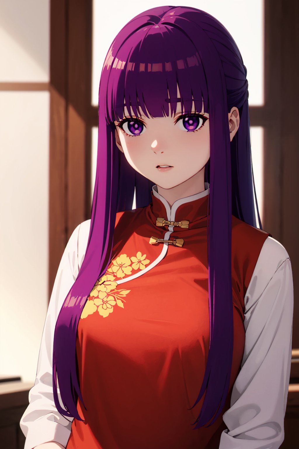 purple eyes, blunt bangs, sidelocks, half updo, bright pupils, 1 girl, purple hair, long hair, women, upper_body,light blush, China Cheongsam, chinece ancient,