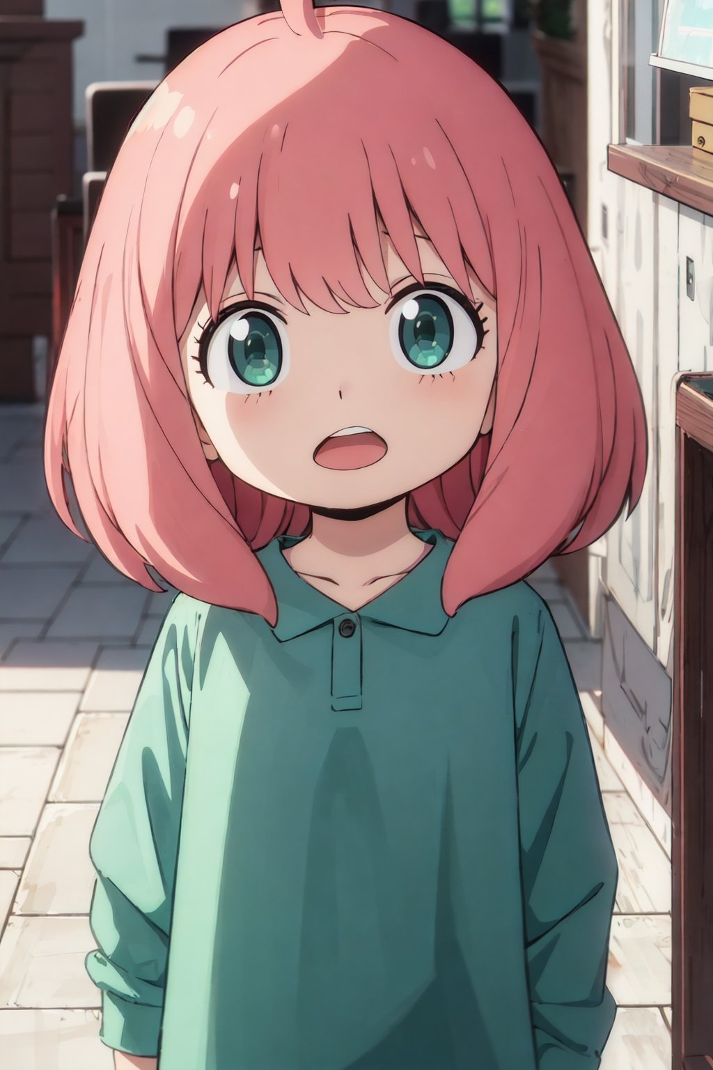 Best Quality, Masterpiece, Hi-Res, Solo, (anya_forger_spyxfamily:1.15), Pink Hair, Female Child, Child, Green Eyes, Open Mouth, Bangs, 1 Girl, Closed Mouth, Meme, Ahoge, Upper Body , medium hair