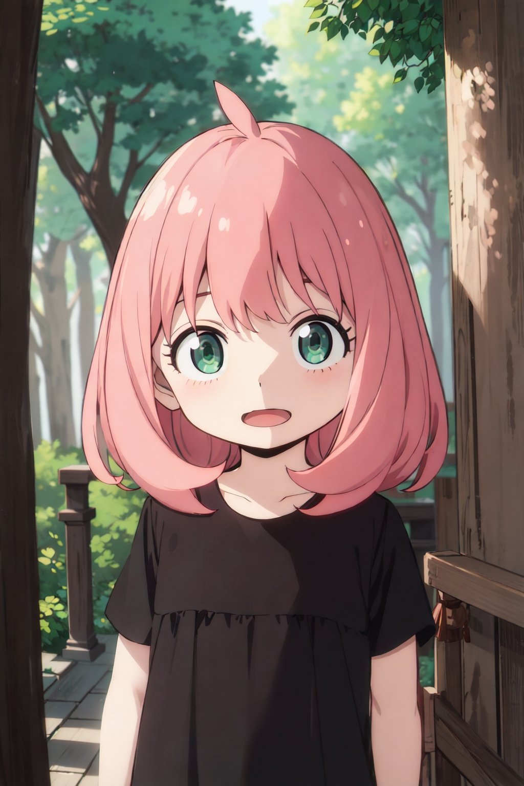 Best Quality, Masterpiece, Hi-Res, Solo, (anya_forger_spyxfamily:1.15), Pink Hair, Green Eyes, Open Mouth, Bangs, 1 Girl, Closed Mouth, Meme, Ahoge, Upper Body , medium hair, forest, 16 years old