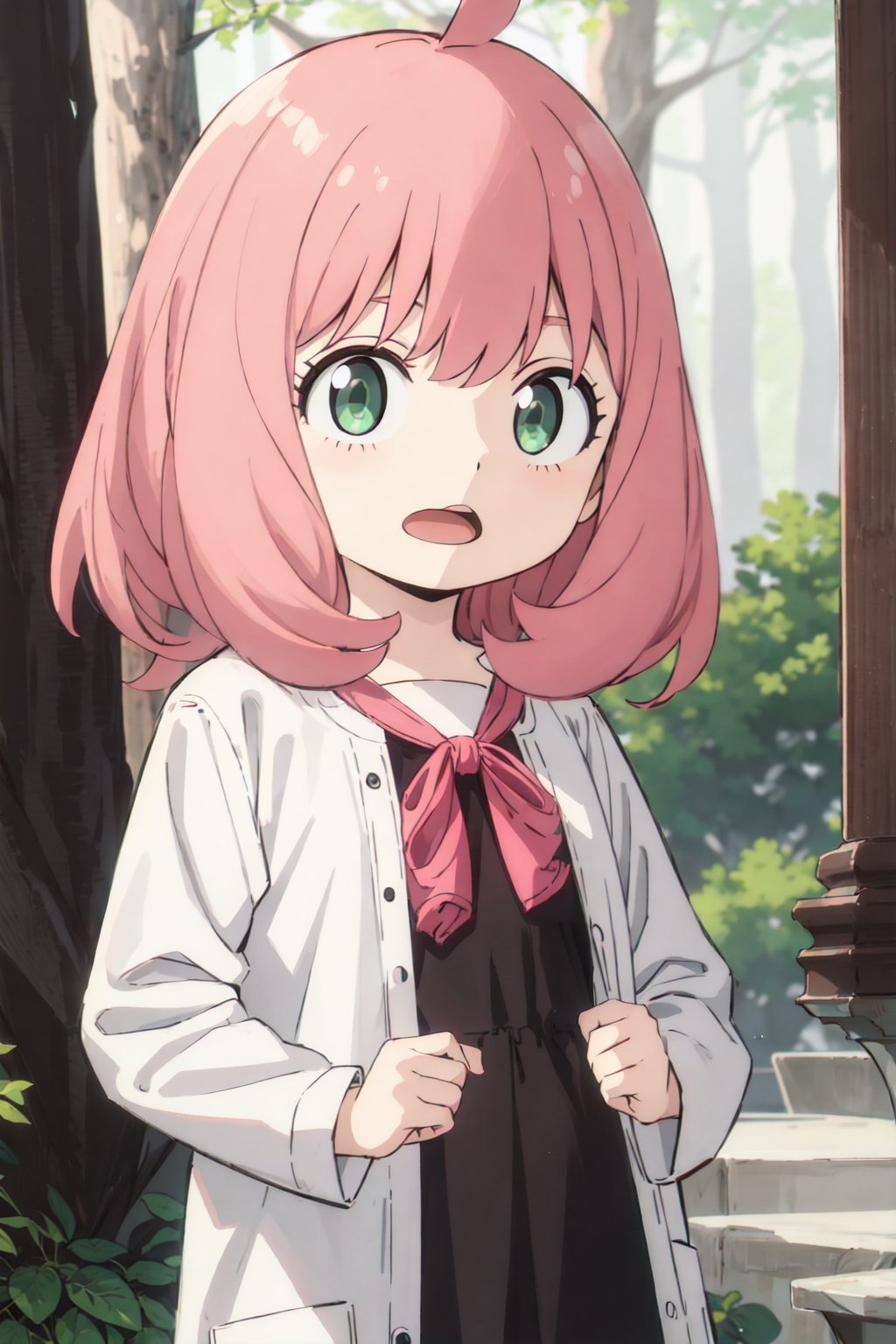 Best Quality, Masterpiece, Hi-Res, Solo, (anya_forger_spyxfamily:1.15), Pink Hair, Green Eyes, Open Mouth, Bangs, 1 Girl, Closed Mouth, Meme, Ahoge, Upper Body , medium hair, forest, 16 years old