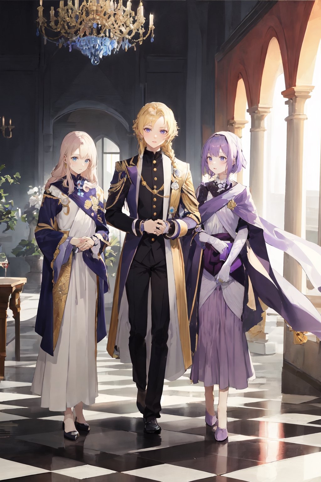 a brown octagonal tile floor
light blue walls
a girl with short purple hair with a black line
gold eyes
a white tunic with a purple scarf
a blonde boy with long hair
braided
red wine eyes
tight black suit