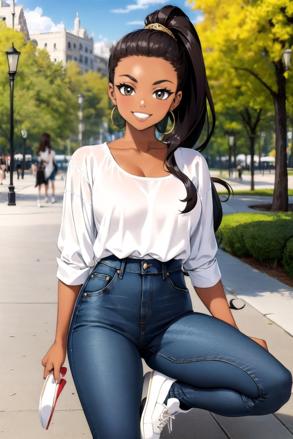 brunette woman
long hair in ponytail
gold blouse, jeans, white shoes

writing in a park