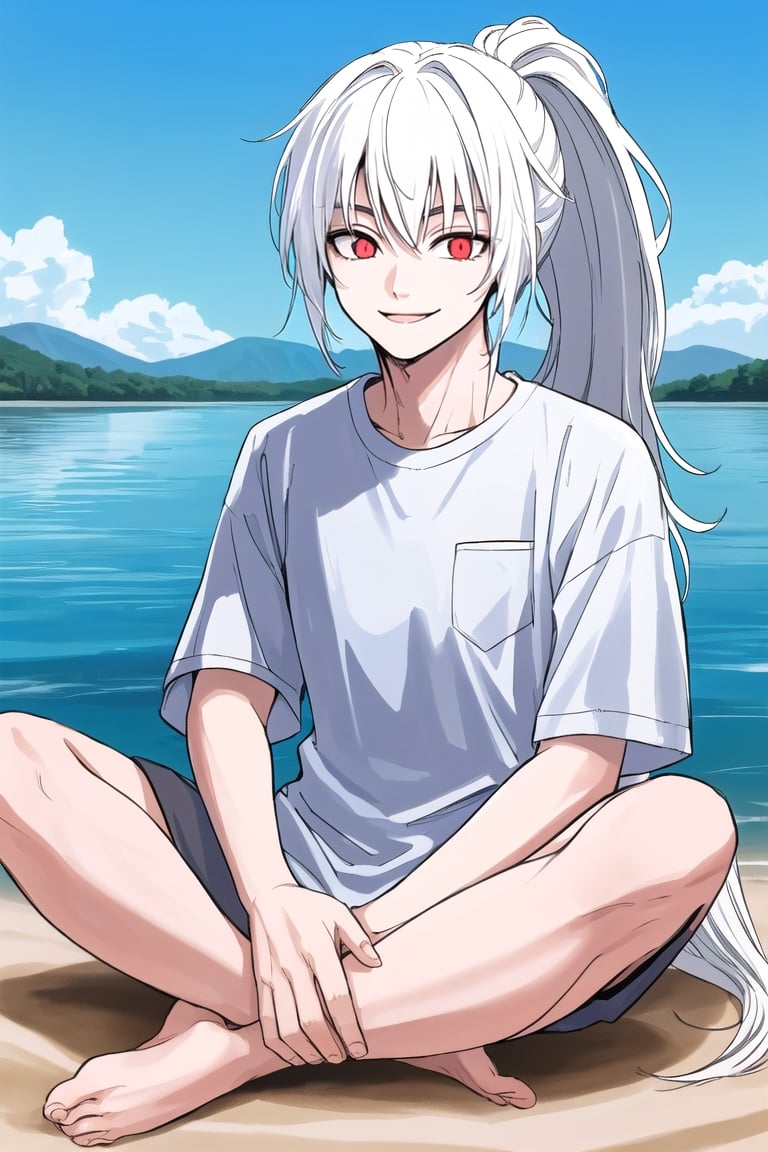 high quality
16 year old albino boy
smiling
long white hair in ponytail
Red eyes
Blue white Bermuda long shirt

16 year old girl
long white hair
albino
green eyes
yellow shirt with buttons

barefoot
sitting in the sand
blue sky
next to a lake