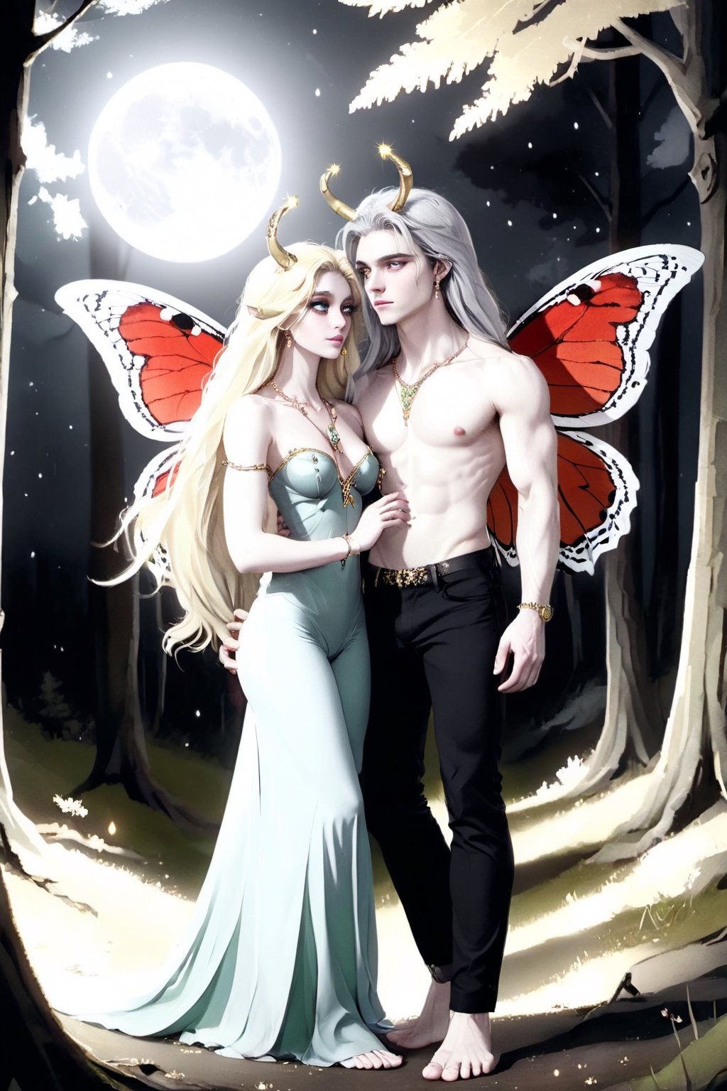 high quality
 serious feminine
 25 years
Long blonde hair, green eyes, white skin, big red butterfly wings

next to a

22 year old man long black hair
White skin
gold eyes
shirtless
gray pants
silver necklace

golden dress a gold chain around the neck
a crystal horn on the forehead

walking
barefoot

In the middle of a forest, full moon night, INVERTED VERTICAL MONTAGE

