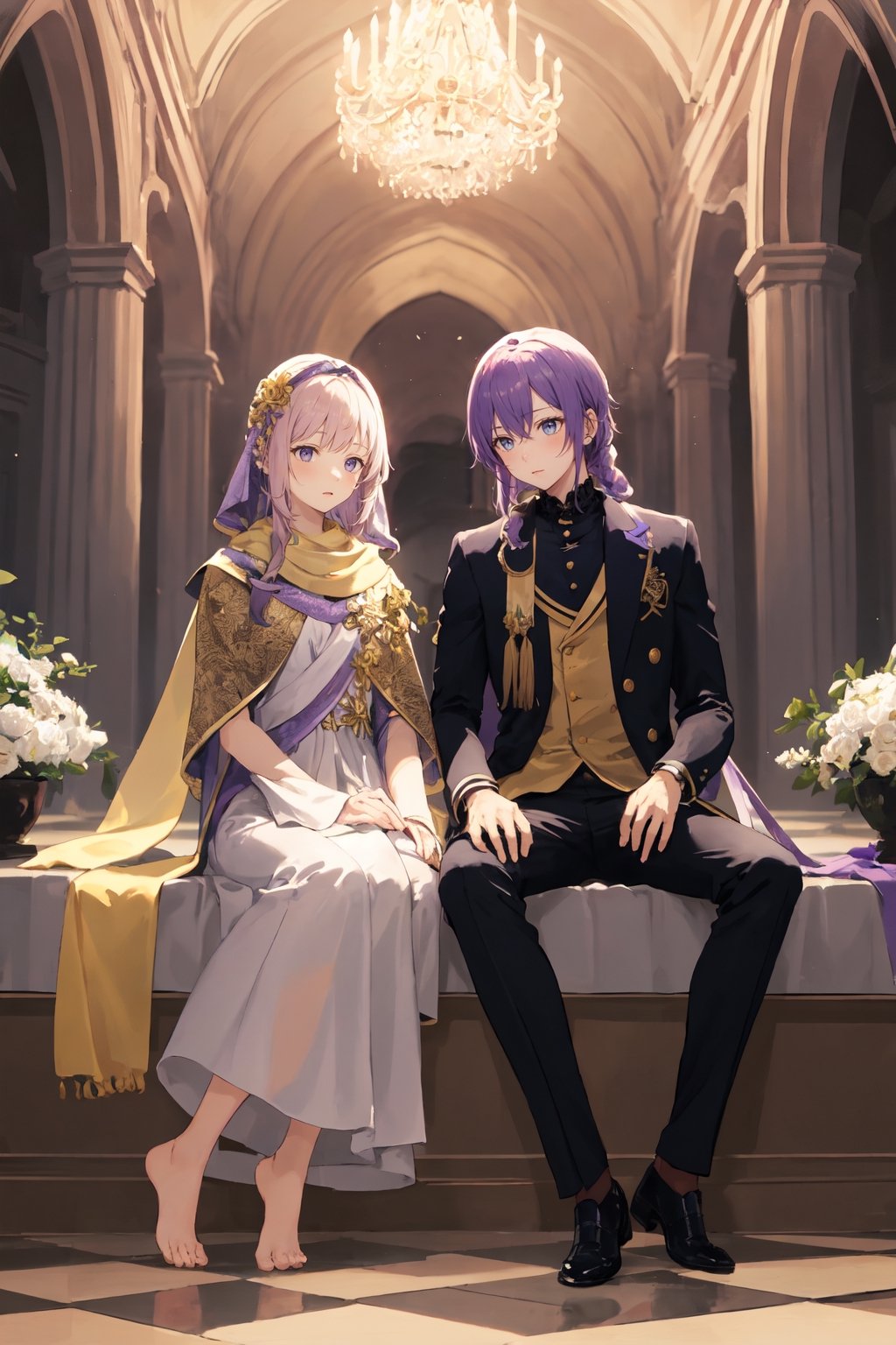 a brown octagonal tile floor
light blue walls
a girl with short purple hair with a black line
gold eyes
a white tunic with a purple scarf
a blonde boy with long hair
braided
red wine eyes
tight black suit

the two of them sitting on the floor