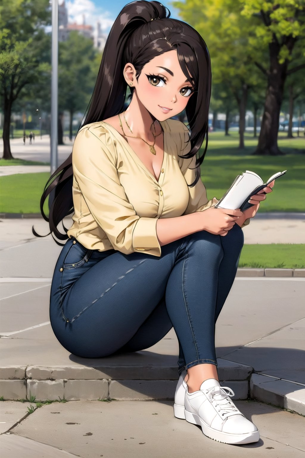 brunette woman
long hair in ponytail
gold blouse, jeans, white shoes

writing in a park