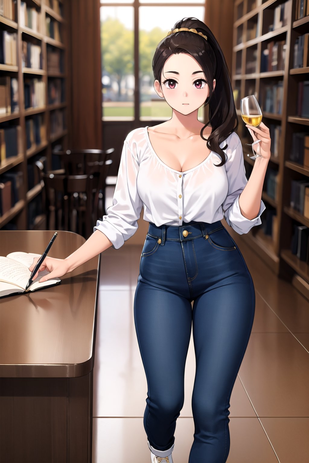 brunette woman
long hair in ponytail
gold blouse, denim pants, white shoes

writing in a glass library