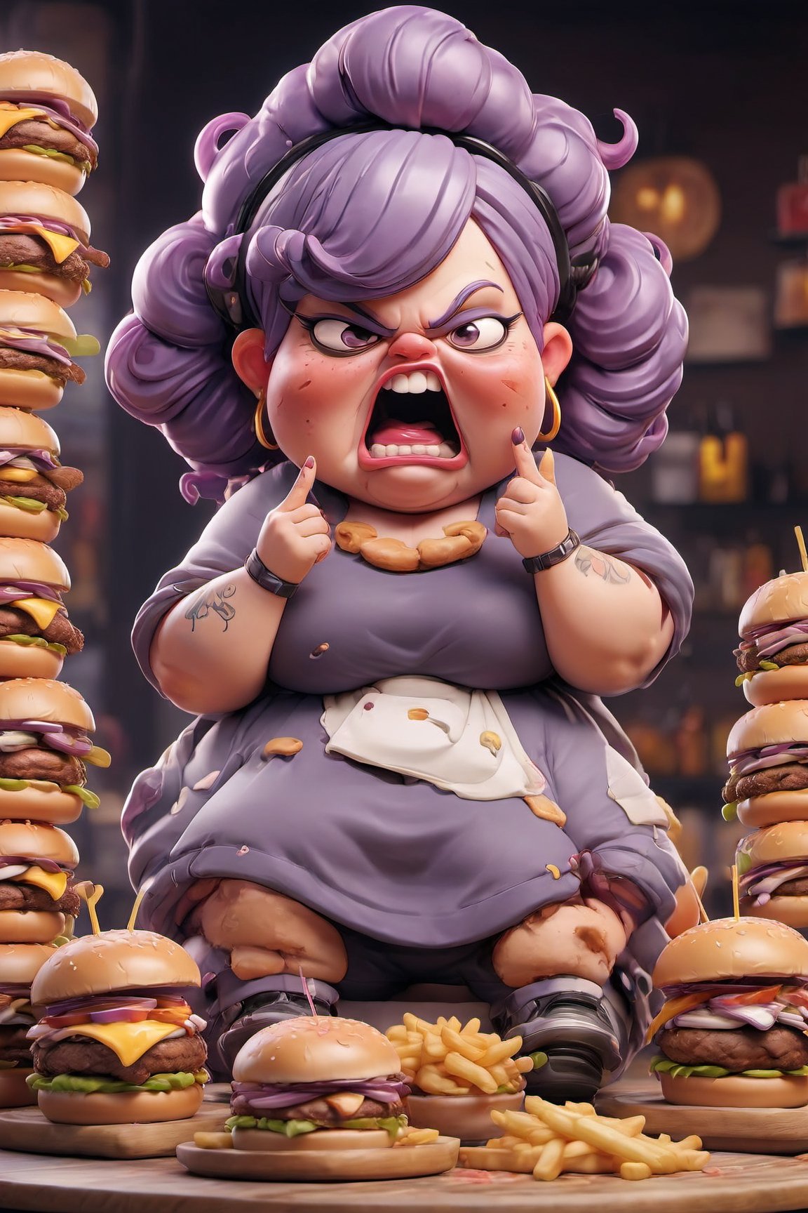 high with
ugly woman
purple hair
obese
eating a lot of burgers

restaurant full of food