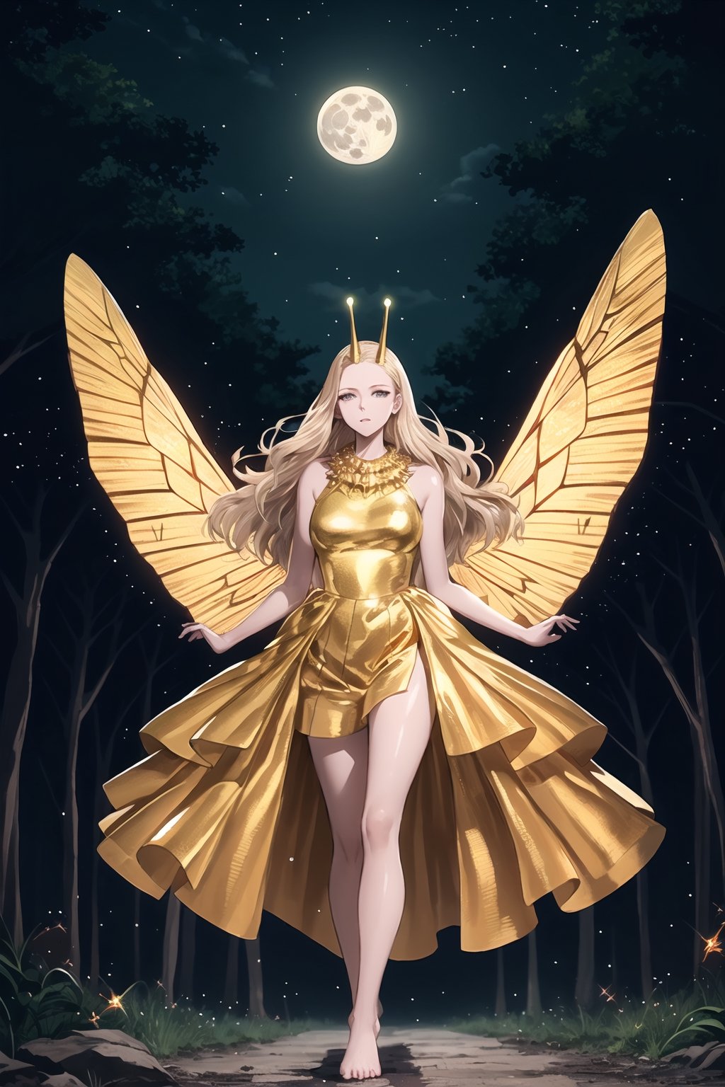 high quality
 serious feminine
 25 years old
Long blonde hair, green eyes, white skin.

golden dress a gold chain around the neck
a crystal horn on the forehead
big red butterfly wings
walking
barefoot

In the middle of a forest, full moon night,REVERSE UPRIGHT STRADDLE