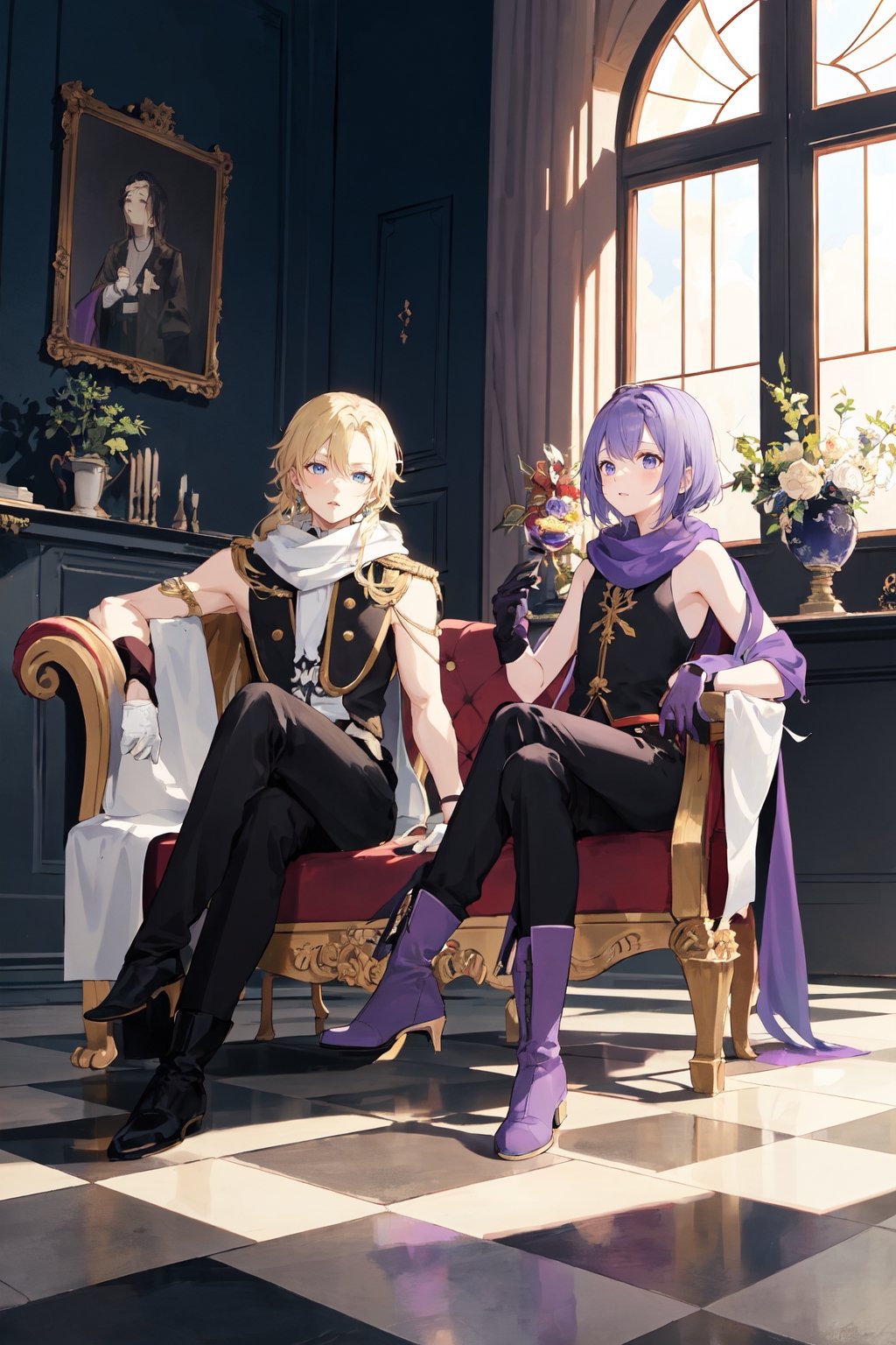 a brown octagonal tile floor
light blue walls
a girl with short purple hair with a black line
gold eyes
a white tunic with a purple scarf
a blonde boy with long hair
braided
red wine eyes
black sleeveless shirt, long gloves, loose black pants with boots

the two of them sitting on the floor