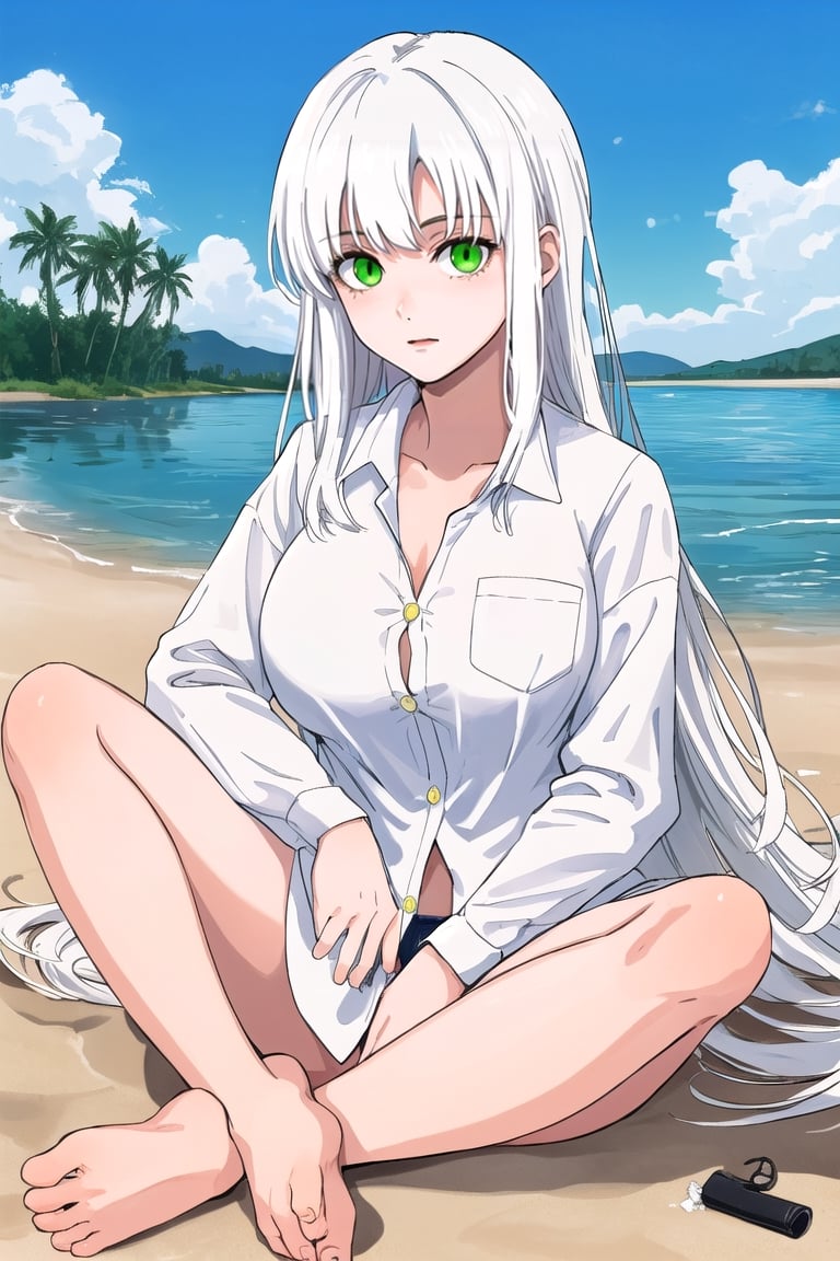 high quality
16 year old girl
long white hair
albino
green eyes
big breasts
yellow button-down shirt

barefoot
sitting in the sand
blue sky
next to a lake
