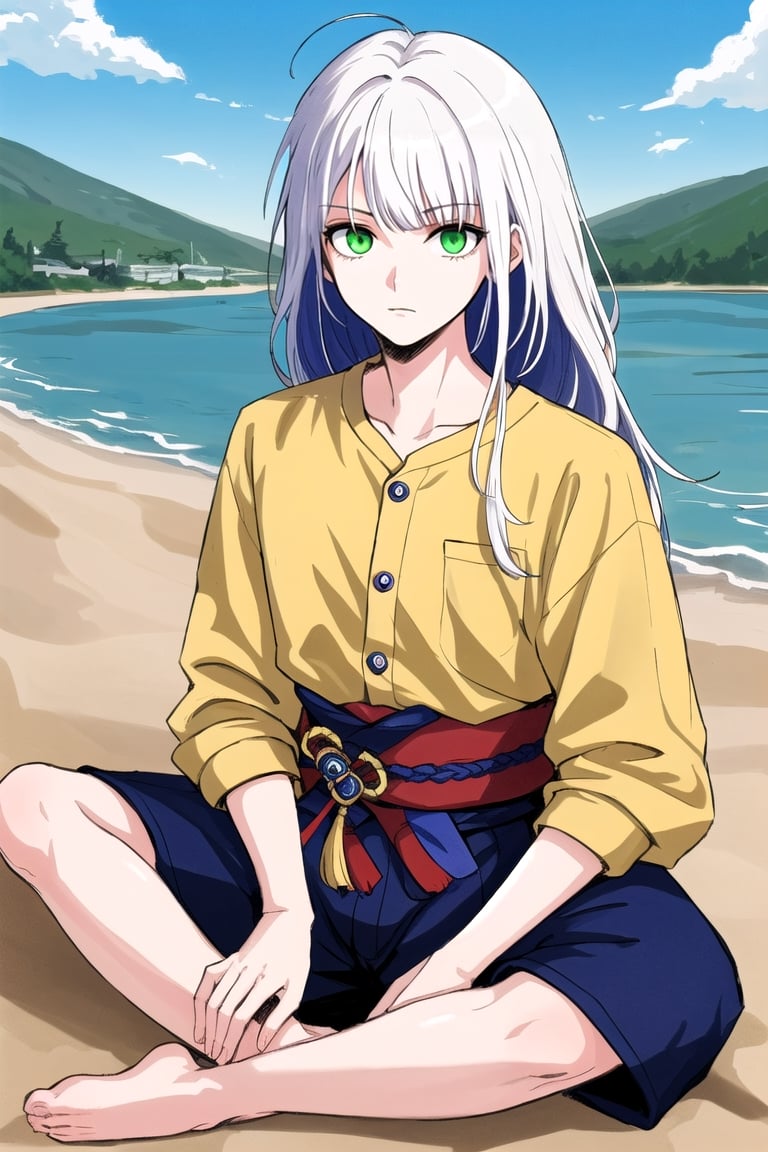 high quality

16 year old girl
long white hair
albino
green eyes
yellow shirt with buttons

barefoot
sitting in the sand
blue sky
next to a lake,1boy,raidenshogundef
