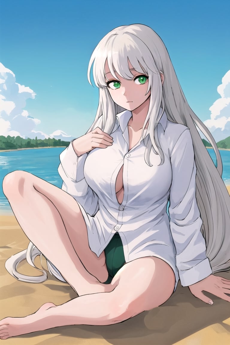 high quality
16 year old girl
long white hair
albino
green eyes
big breasts
yellow button-down shirt

barefoot
sitting in the sand
blue sky
next to a lake
