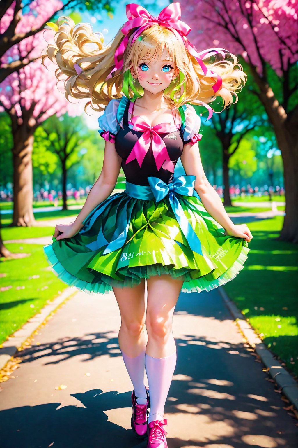 17 years
women
 smiling
big breasts
blonde hair
 below the shoulders tied with a pink ribbon
blue eyes
 White skin
green tutu skirt dress
walking

a park