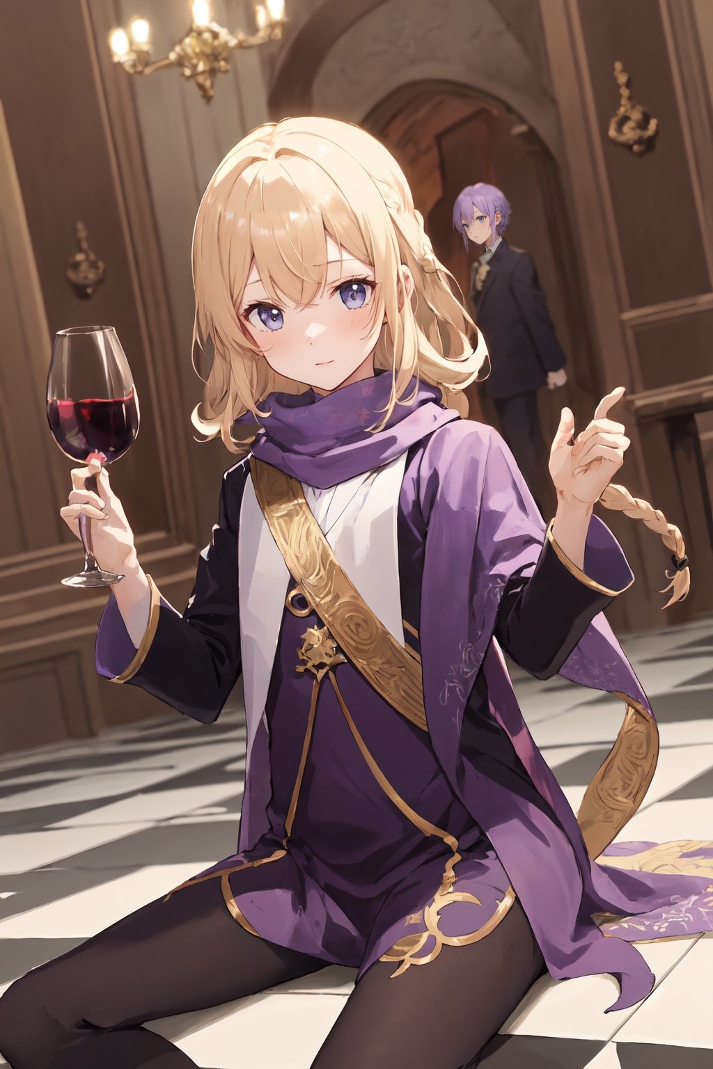 a brown octagonal tile floor
light blue walls
a girl with short purple hair with a black line
gold eyes
a white tunic with a purple scarf
a blonde boy with long hair
braided
red wine eyes
tight black suit