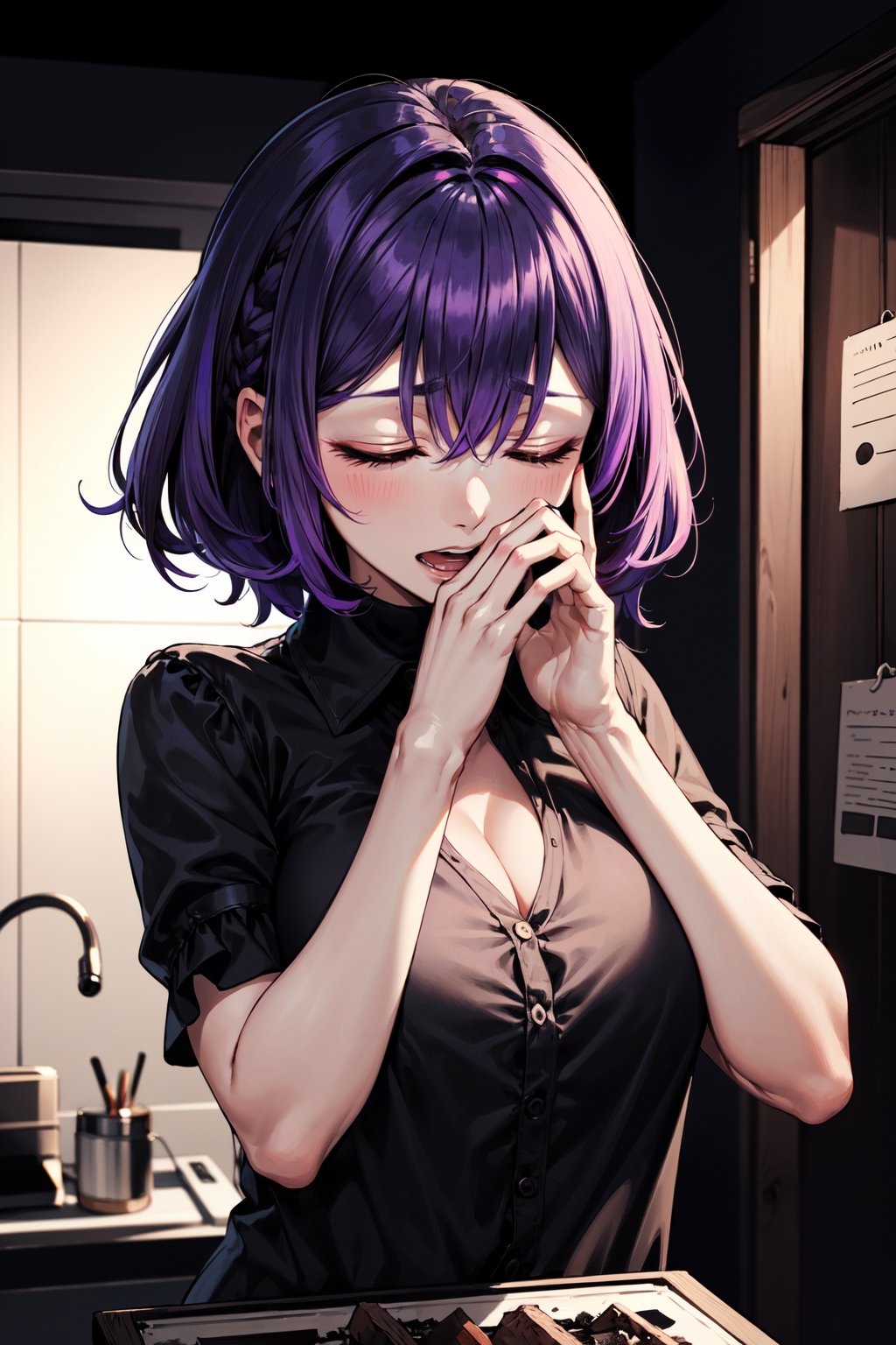 ink,horror nice, high quality
short medium shot
lonely young screaming,
with hands touching face
purple hair, closed eyes, brown skin, busty
purple blouse