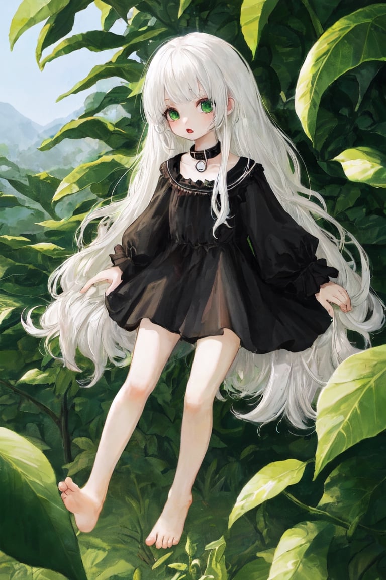 high quality
8 year old girl
albino
long white hair
pronounced nose

green cat eyes
black collar dress
barefoot

on a coffee farm