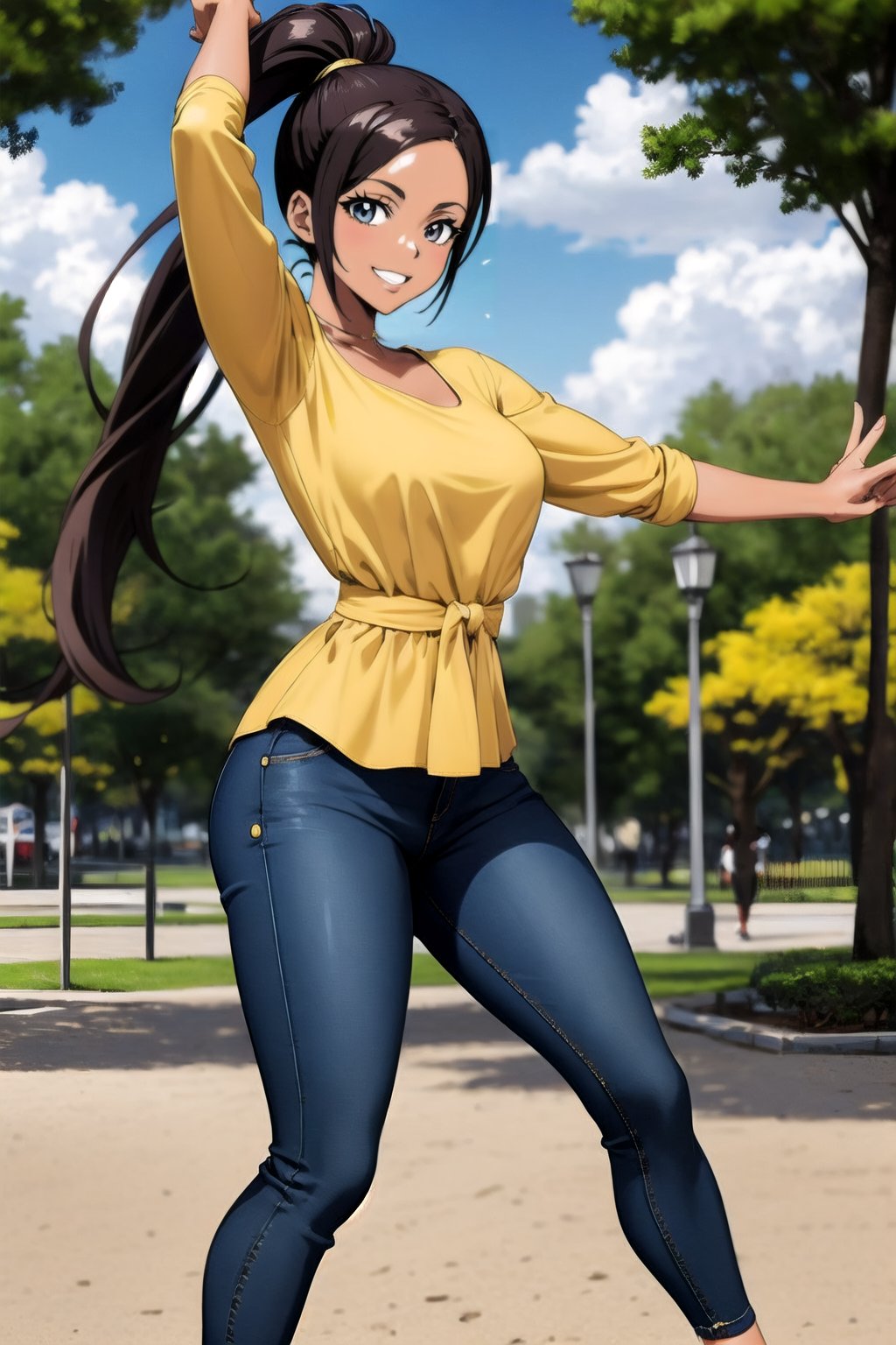 brunette woman
long hair in ponytail
gold blouse, jeans, white shoes
dancing
 in a park
anime