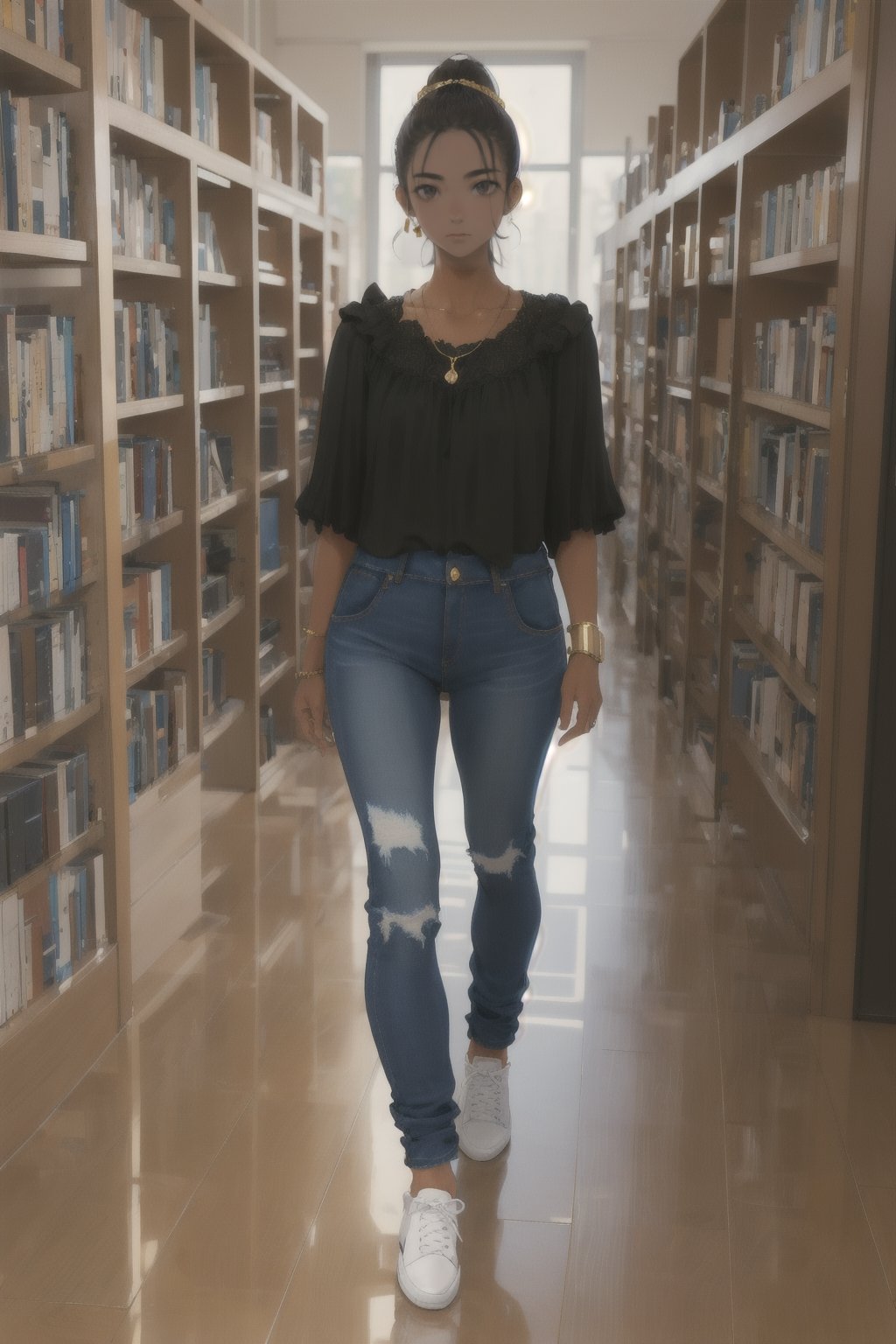 brunette woman
long hair in ponytail
gold blouse, denim pants, white shoes

writing in a glass library