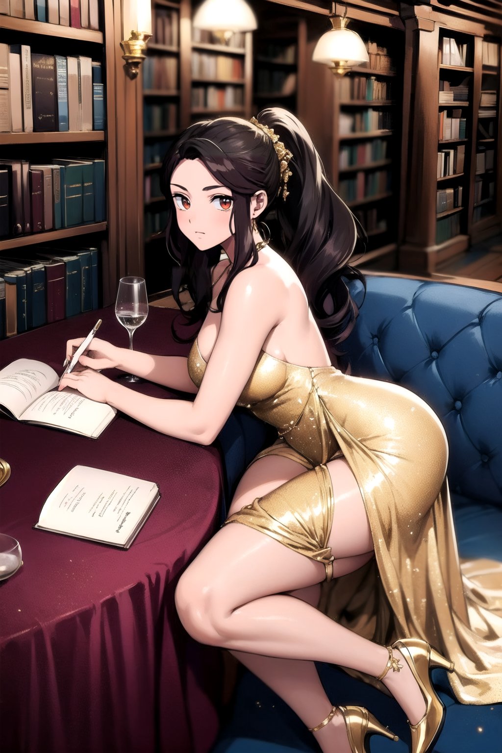 brunette woman
long hair in ponytail
gold dress, white shoes

writing in a glass library