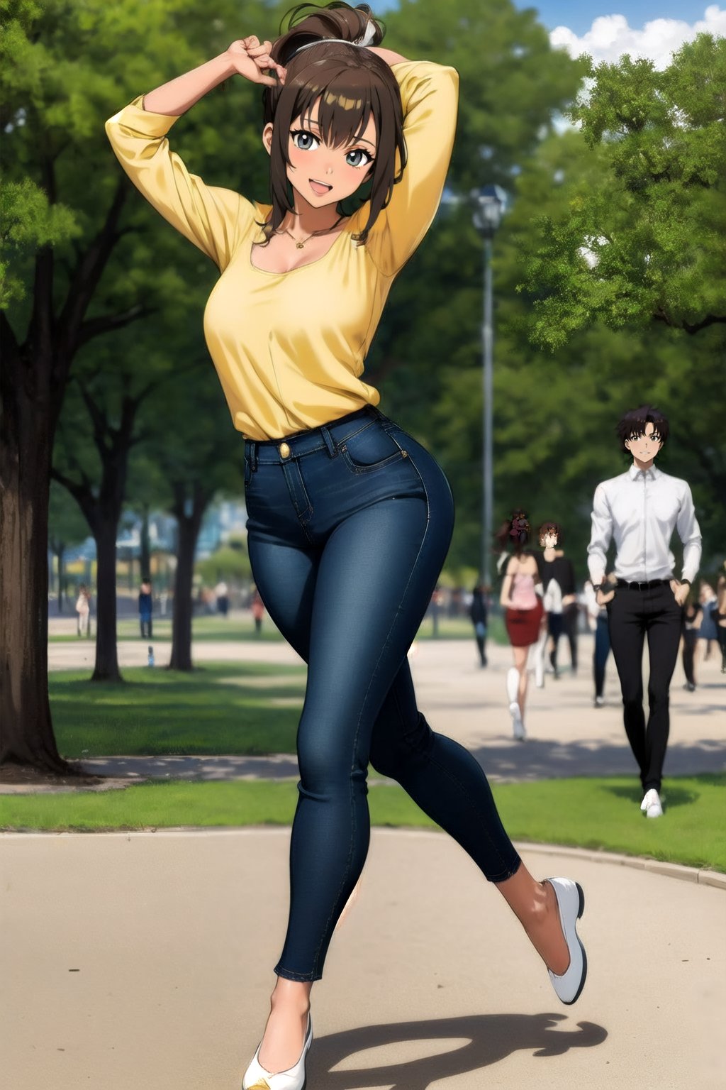 brunette woman
long hair in ponytail
gold blouse, jeans, white shoes
dancing
 in a park
anime