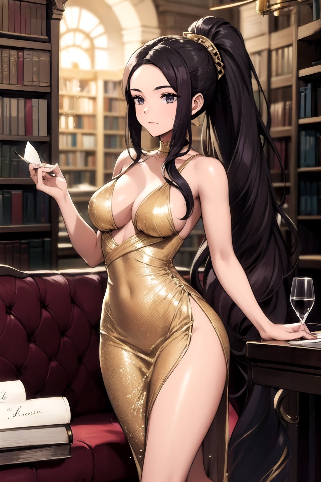 brunette woman
long hair in ponytail
gold dress, white shoes

writing in a glass library