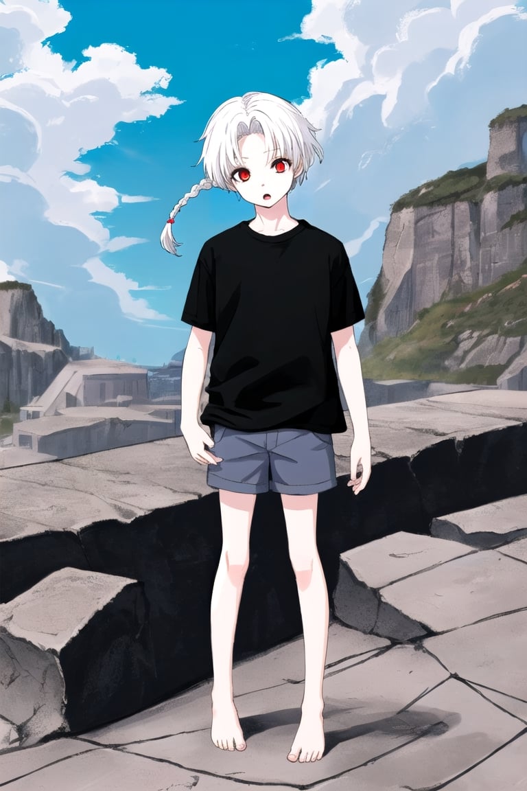high quality
young albino 8 years old
long white hair in a braid
Red eyes
Dark brown long shirt black Bermuda shorts
barefoot
Stone city
blue sky