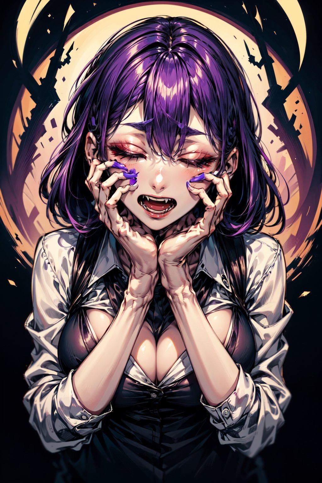 ink,horror nice, high quality
short medium shot
lonely young screaming,
with hands touching face
purple hair, closed eyes, brown skin, busty
purple blouse