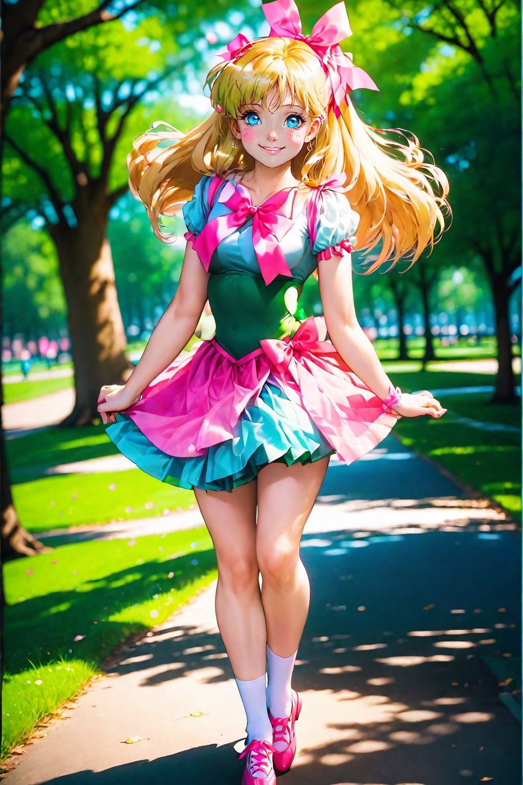 17 years
women
 smiling
big breasts
blonde hair
 below the shoulders tied with a pink ribbon
blue eyes
 White skin
green tutu skirt dress
walking

a park