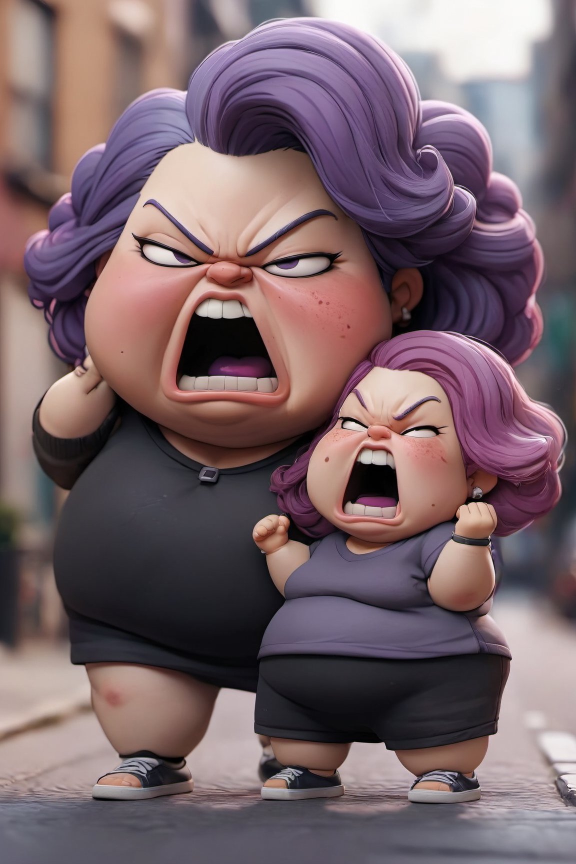 high with
ugly woman
purple hair
obese
shouting at
thin woman
walked

street,chibi,BLACK AND COLOR