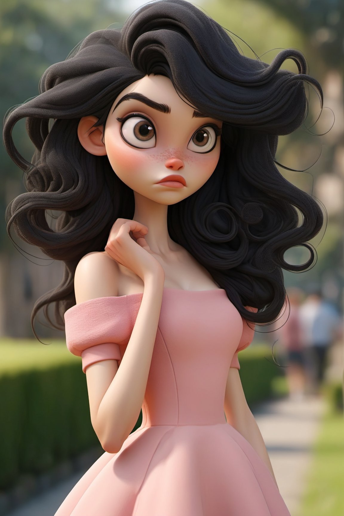 high quality
black hair woman
pink dress
many moles
walking
a park