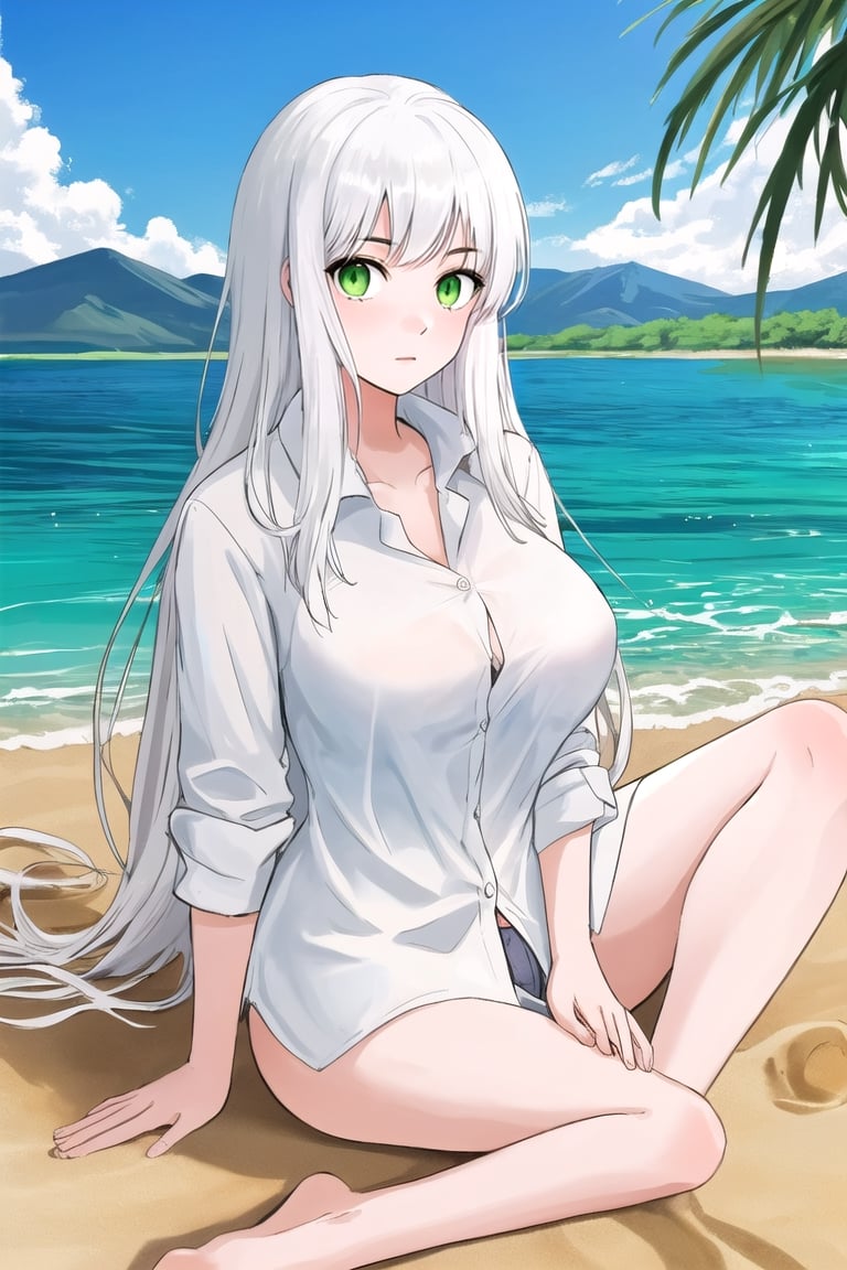 high quality
16 year old girl
long white hair
albino
green eyes
big breasts
yellow button-down shirt

barefoot
sitting in the sand
blue sky
next to a lake
